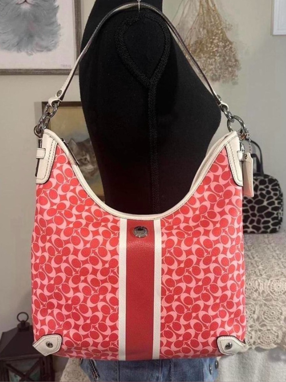 Coach Coral Signature Canvas Shoulder Bag with Cream Trim